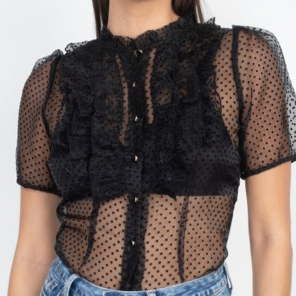 Blashe Sheer Black Polka Dot Ruffle Blouse M